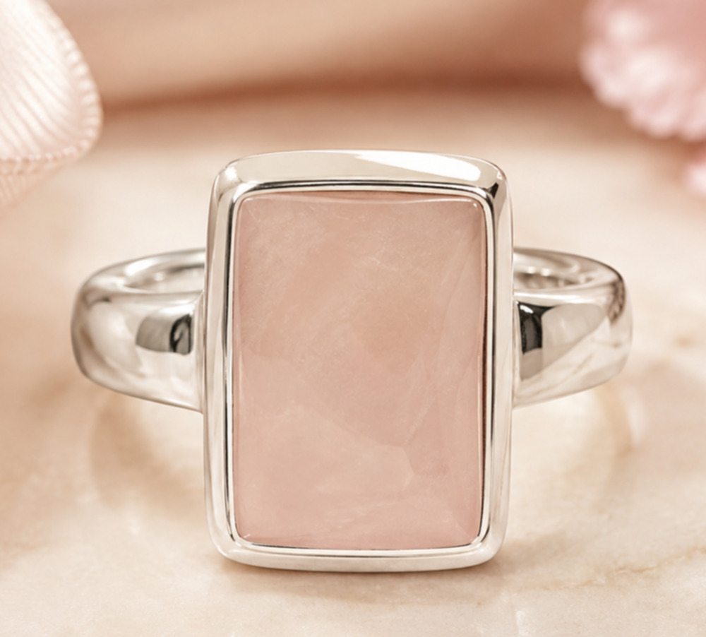 Sterling Silver Rose Quartz Ring Pink Crystal Love Stone Modernist Size 8